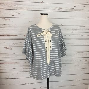 Umgee Striped Blouse Lace Up Bell Sleeve NWT B353